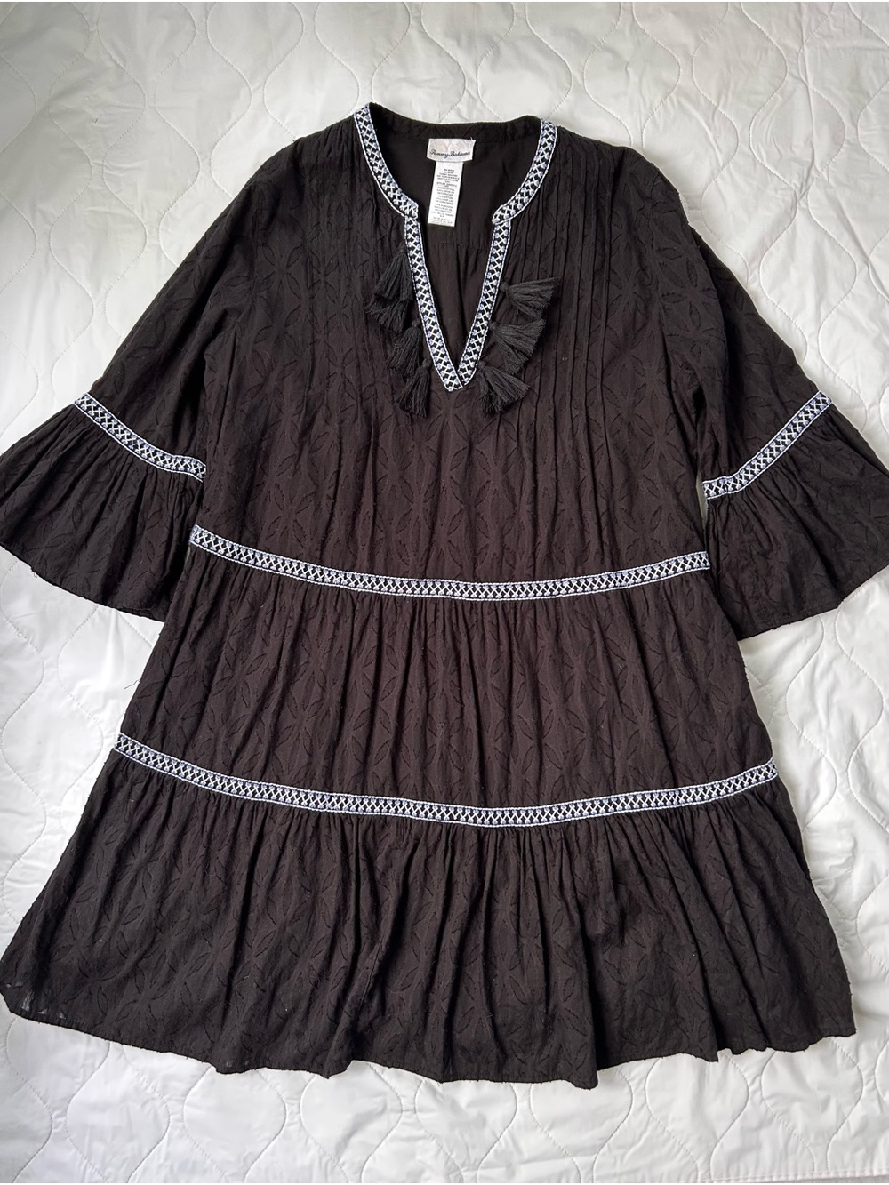Tommy Bahama Black Tassel V-Neck Embroidered Tunic Dress